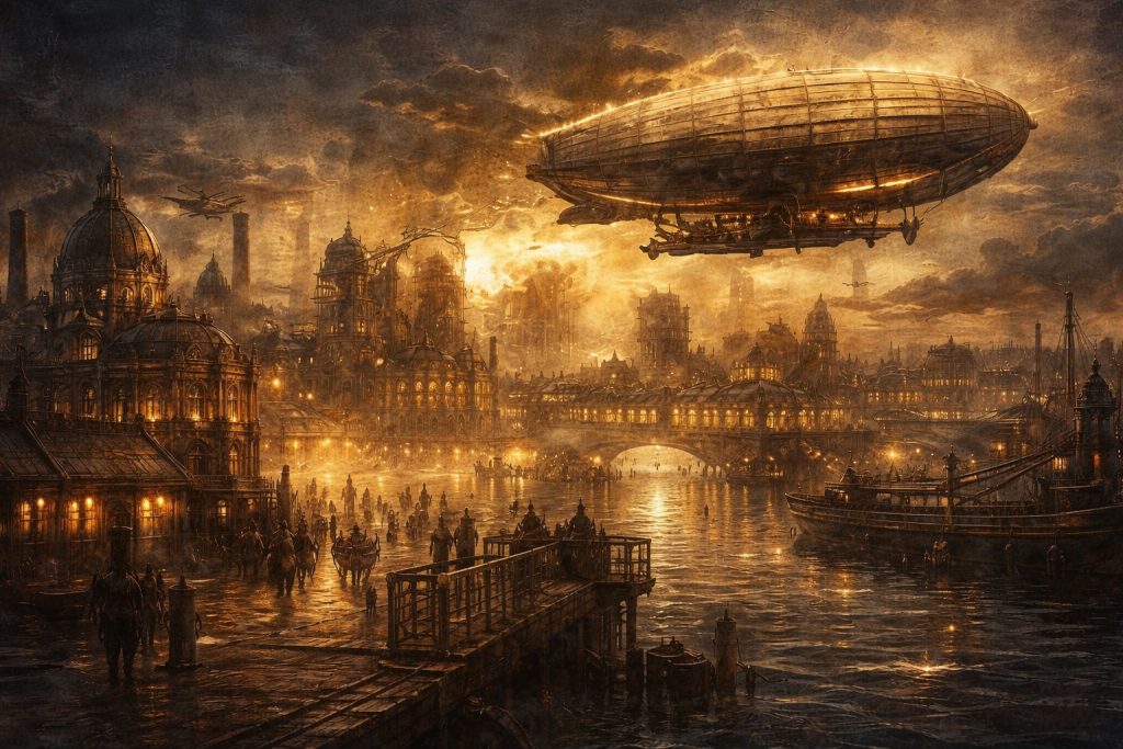 An airship floating over a harbor